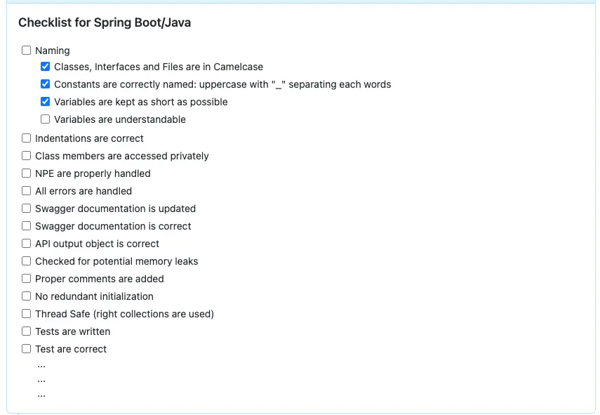 Spring Boot Java Checklist